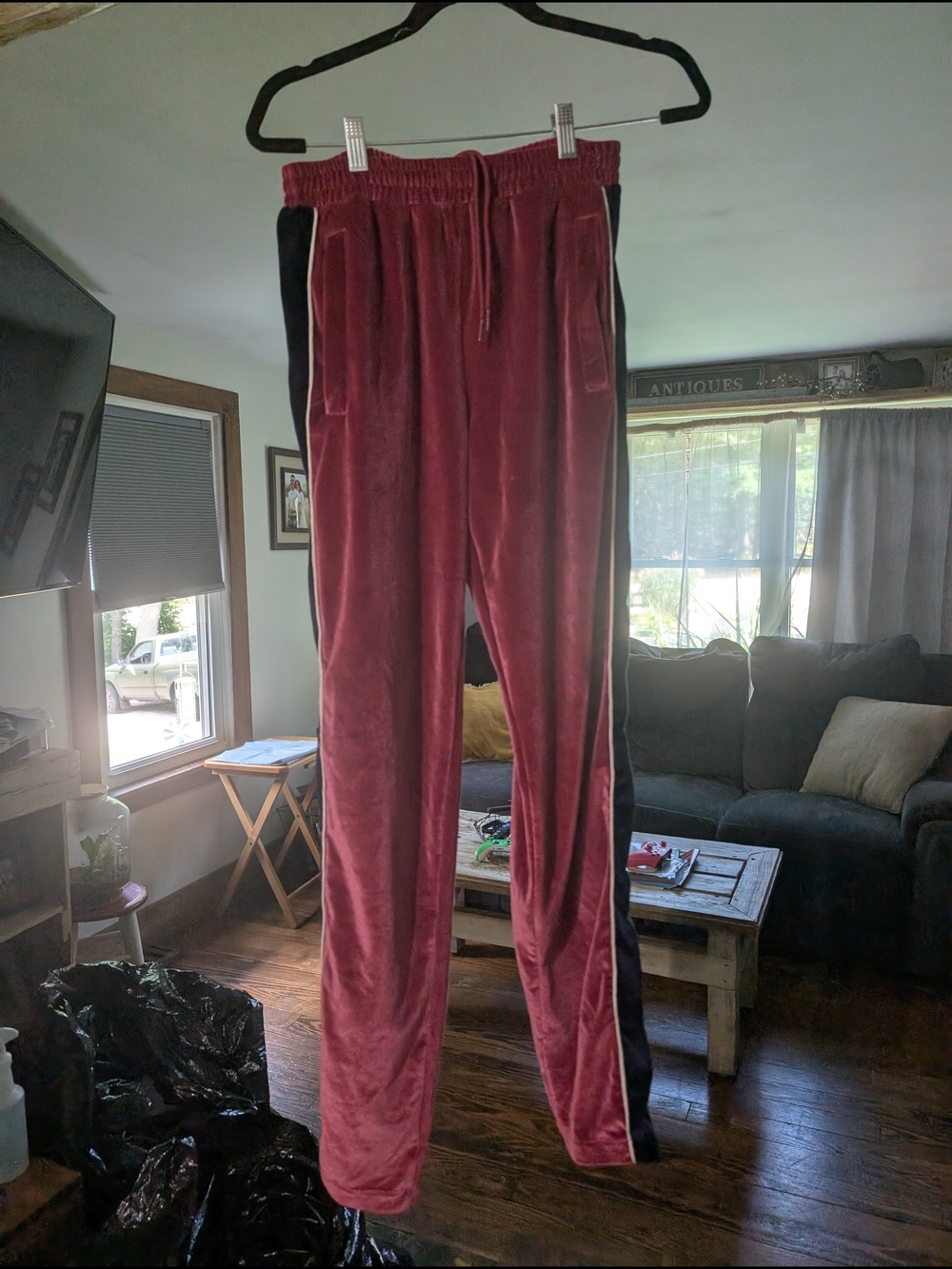 Billionaires boys club Men's Velvet Track Pants in Burgundy w/ Black Side Stripe